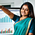 **

A professional Bengali woman, fully clothed in a modest saree مناسبة for a business environment, smiling confidently while pointing at a digital graph showing bond yields. The background is a modern, well-lit office with financial documents visible. Safe for work, appropriate content, professional attire, perfect anatomy, natural proportions, family-friendly.

**
