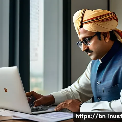 Home 33 세금 최적화를 위한 리츠 투자 - A sophisticated office scene featuring a Bengali investor in traditional attire thoughtfully analyzi...