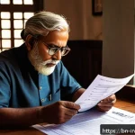 Home 19 세액공제를 위한 기부 투자 전략 - A detailed illustration of a middle-aged Bengali man thoughtfully reviewing his financial documents ...