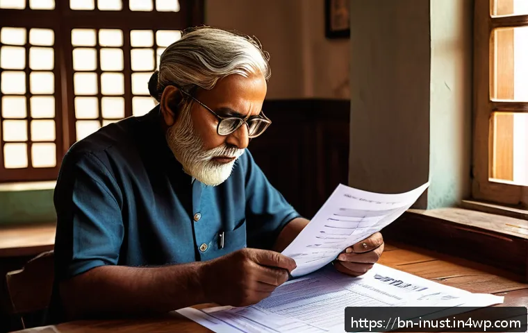 세액공제를 위한 기부 투자 전략 - A detailed illustration of a middle-aged Bengali man thoughtfully reviewing his financial documents ...