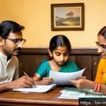 Home 18 세금 효율적인 비상금 관리 전략 - A detailed scene of a middle-class Bengali family sitting around a wooden dining table, attentively ...